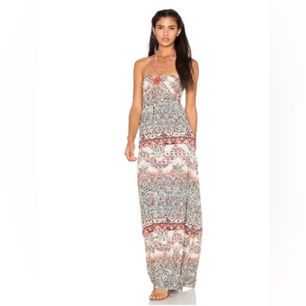 Sky Sagen Dress in Pink maxi strapless dress with beaded neck piece